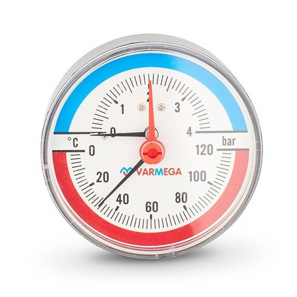 Термоманометр аксиальный Varmega 80 мм 4 бар 1/2 с отсекающим клапаном VMMT06-800404