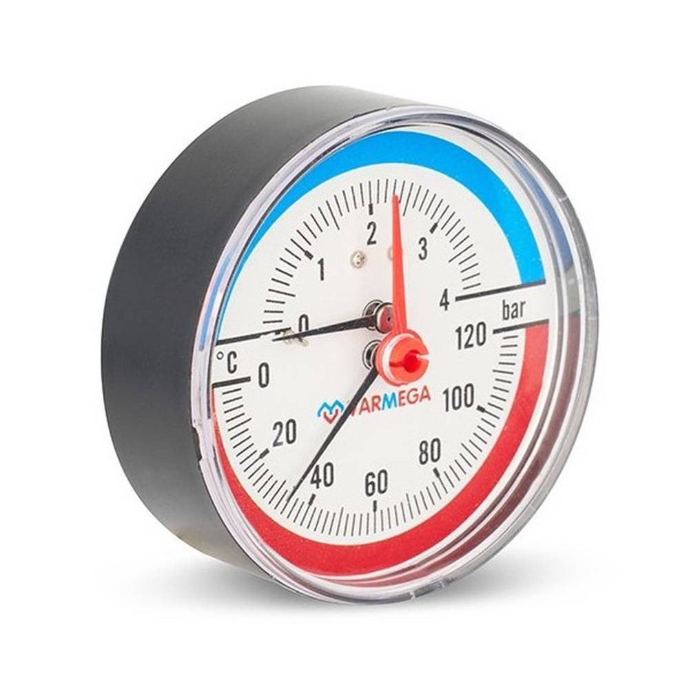 Термоманометр аксиальный Varmega 80 мм 4 бар 1/2 с отсекающим клапаном VMMT06-800404