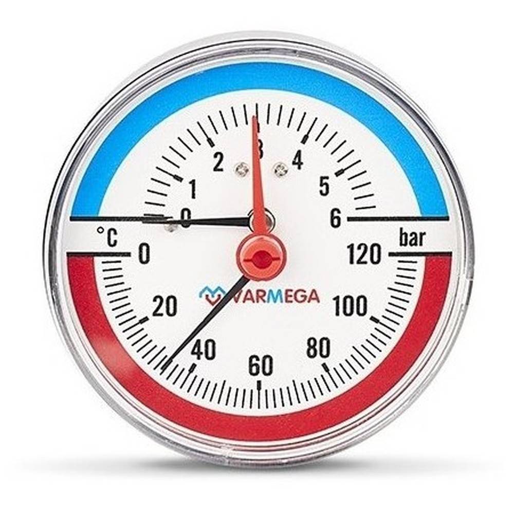 Термоманометр аксиальный Varmega 80 мм 6 бар 1/2 с отсекающим клапаном VMMT06-800604