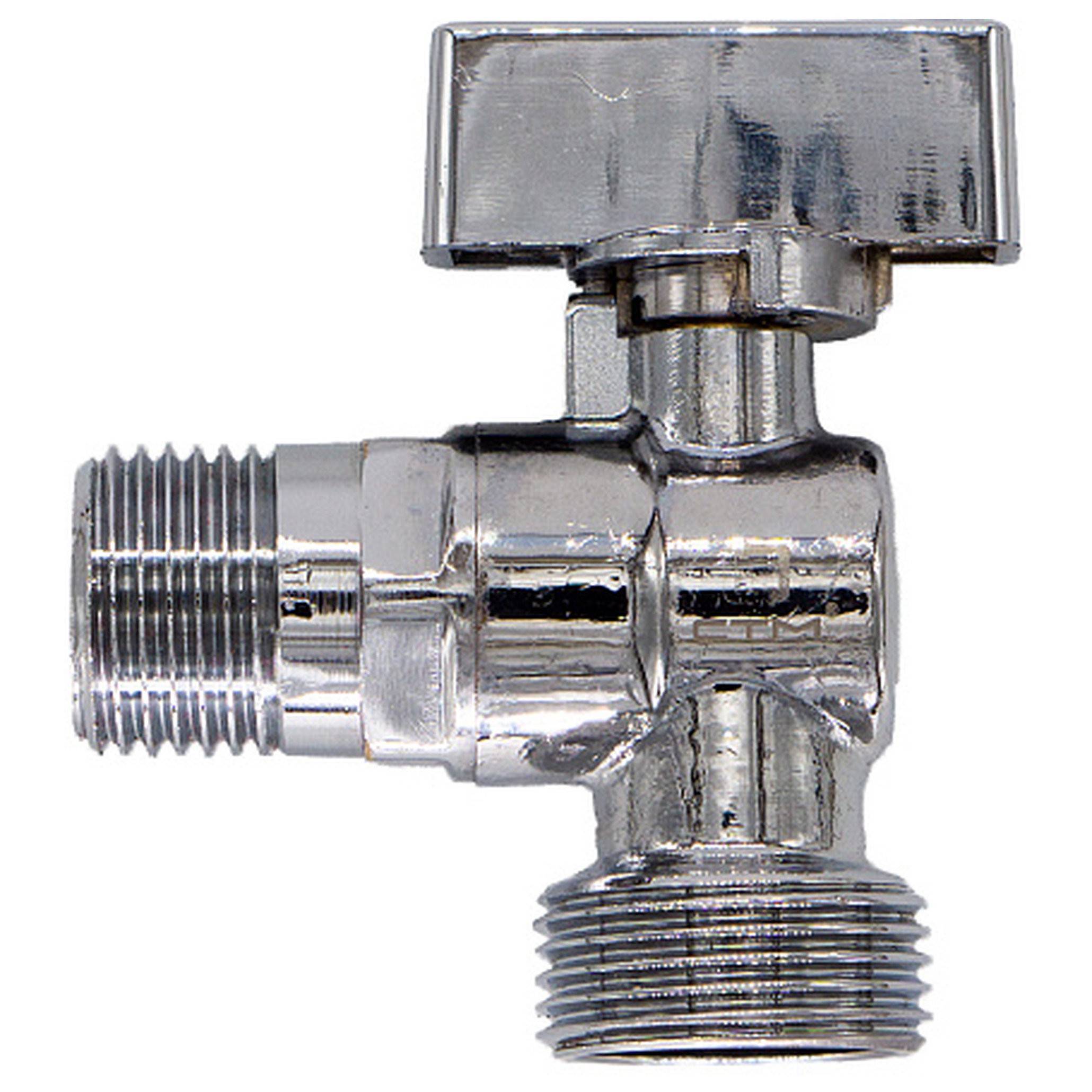 Кран шаровой для бытовых приборов угловой CTM 1/2х3/4 НР-НР с отражателем CAMR1234