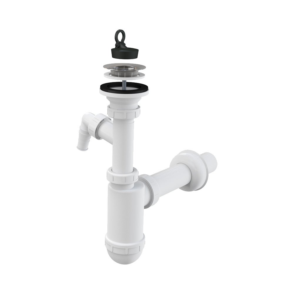 Сифон бутылочный для раковины 1 1/4 x 40 мм со штуцером и нерж. peшeткой DN63, пластик, белый