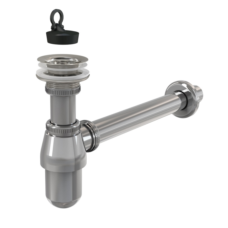 Сифон бутылочный 11/4 x 32 для раковины (латунь) с выпуском и пробкой, хром