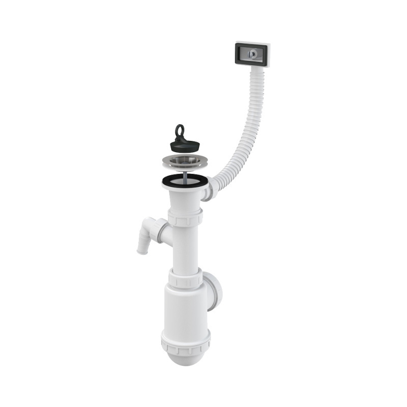 Сифон бутылочный для мойки с нерж. решеткой D70 мм, с переливом и отводом для быт.тех.