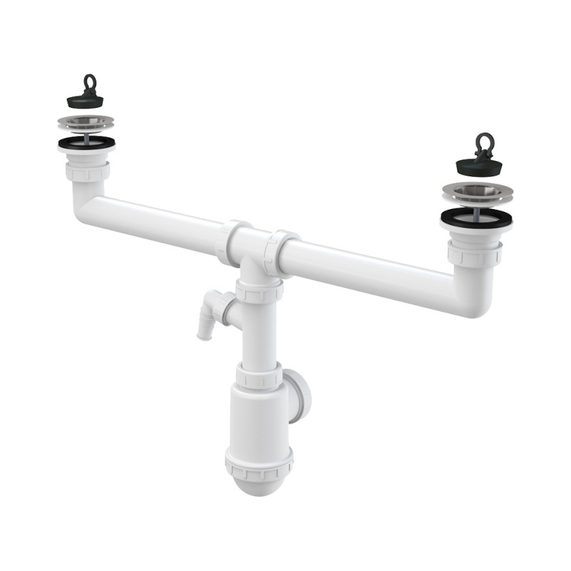 Сифон для двойной мойки с нерж. решетками D70 и штуцером для быт.тех.