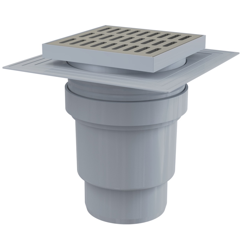 Трап 150 х 150 мм, H=158-195 мм, вертикальный выпуск 110 мм, нерж.сталь