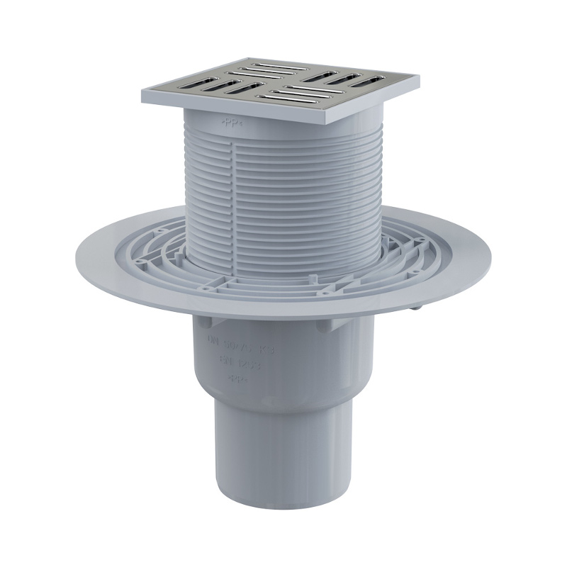 Трап квадратный 105х105 мм с вертикальным отводом 50мм, решеткой из нержавеющей стали, мокрым гидроз