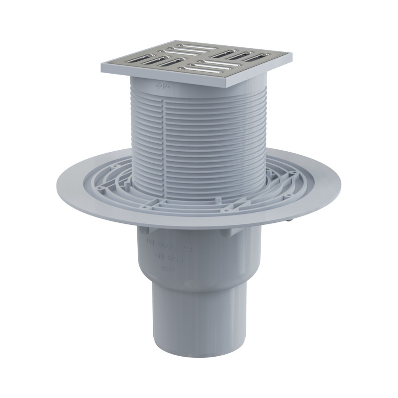 Трап 105 × 105/50/75, подводка – прямая, решетка – нерж.сталь, комбинир. затвор