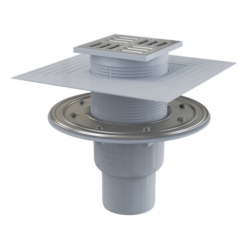 Трап 105 х 105 мм, H=159-229 мм, г/затвор комбин, воротник 2 уров., верт.выпуск 50/75 мм, нерж.сталь