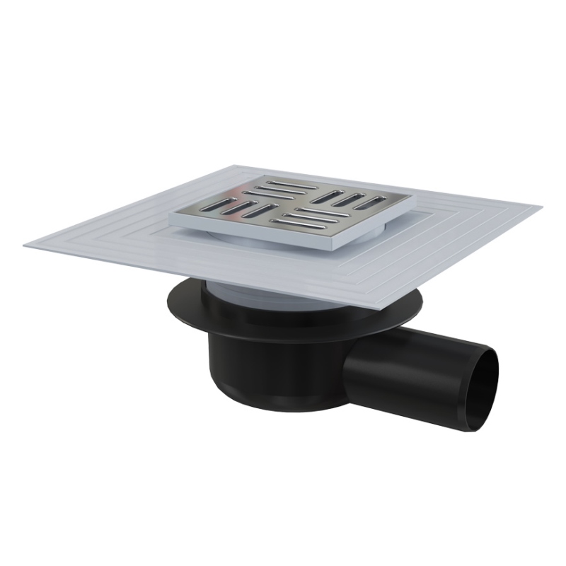 Трап 105 х 105 мм, H=90-113 мм, сухой затвор, воротник 2 уров., выпуск 50 мм, нерж.сталь