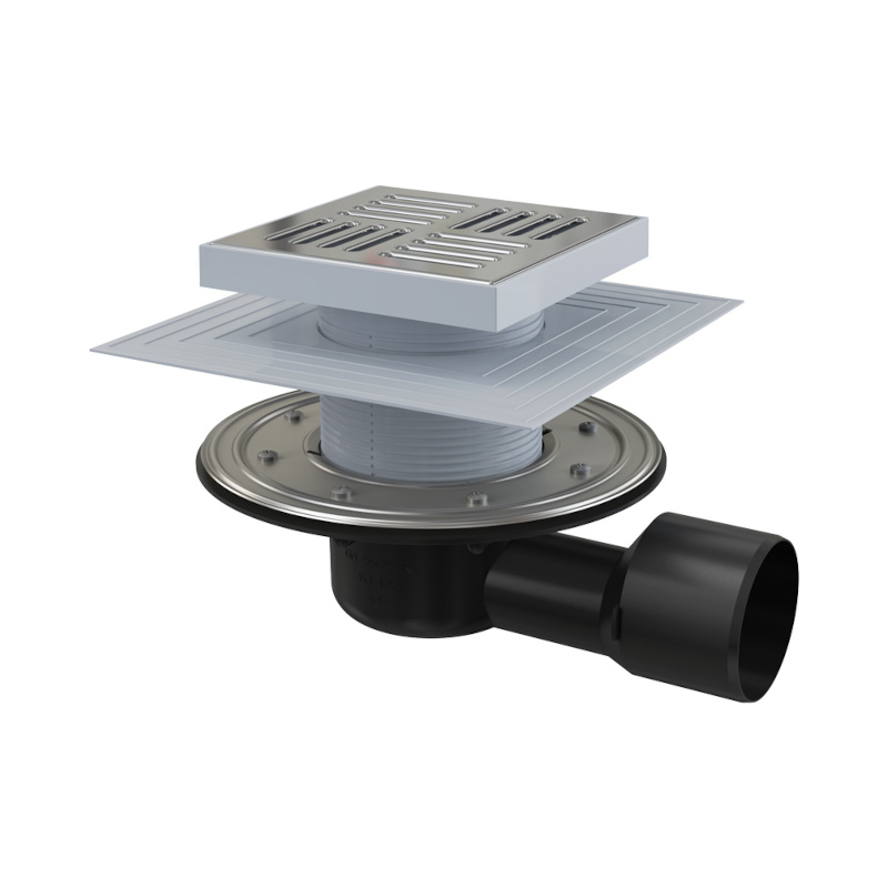 Трап 150×150/50/75 мм боковой сток, решетка из нерж. стали