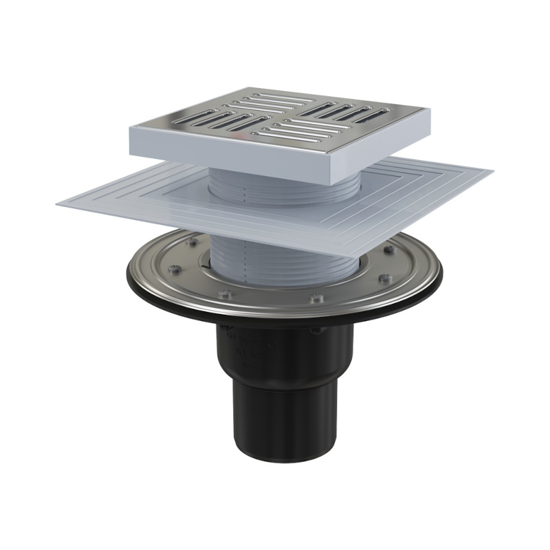 Трап 150 х 150 мм, H=171-244 мм, сухой и г/затвор, 2-х уров. воротник., выпуск 75/50 мм, нерж.сталь