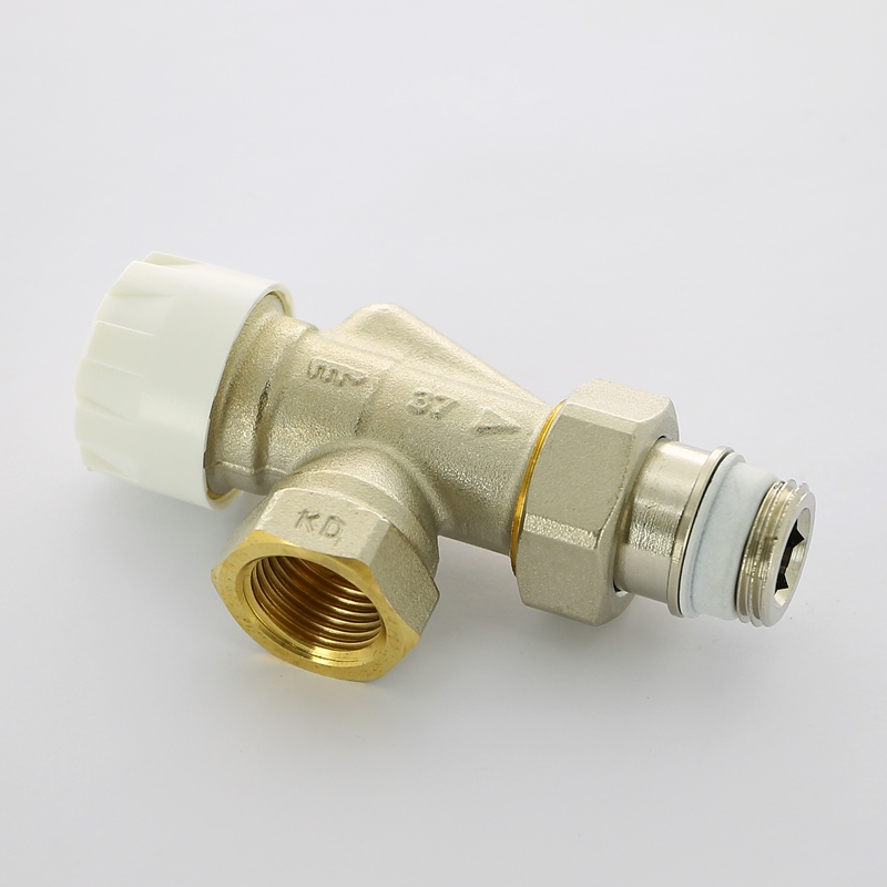 Вентиль термостатический угловой-осевой НВ 1/2 с преднастройкой, никель, с разъем. соединением