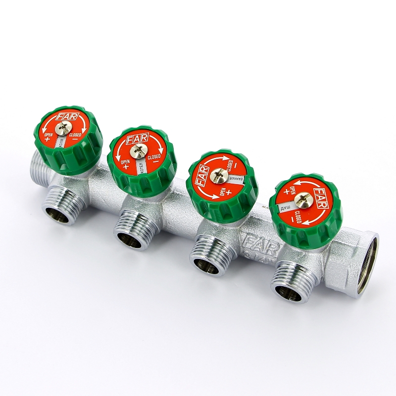 Регулирующий коллектор 3/4 (ВР-НР) с 4 отв. 1/2 НР (межосев. 45 мм), плс.упл.