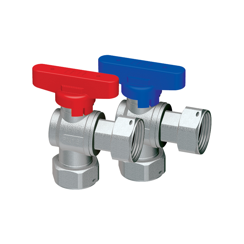 Шаровой кран угловой с накидными гайками (накидные гайки 3/4”), красная ручка (хромированный)