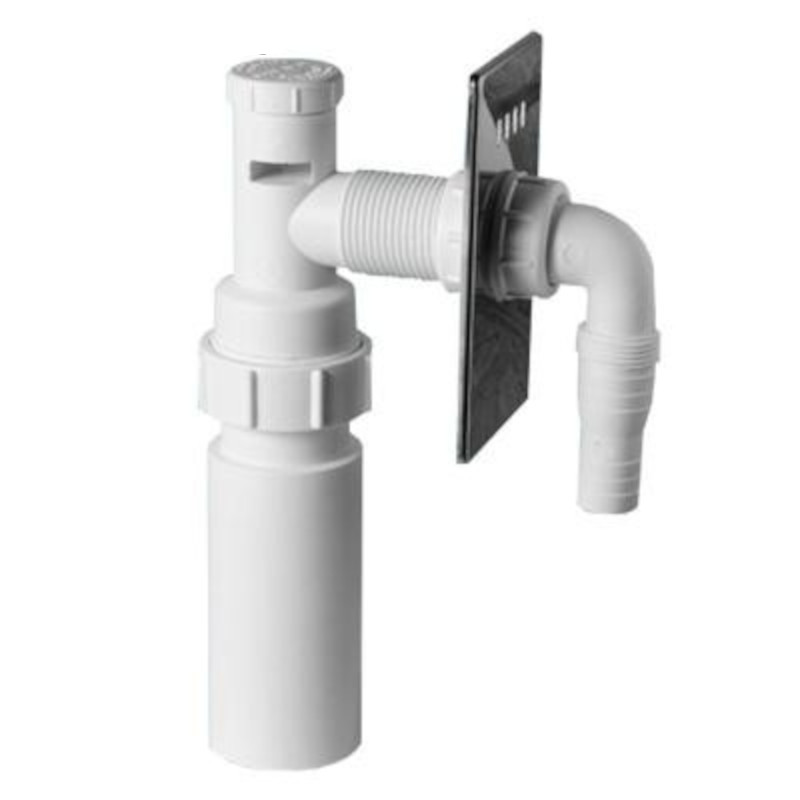 Адаптер для слива бытовой техники с вентиляционным клапаном и декоративной хромированной решёткой; в