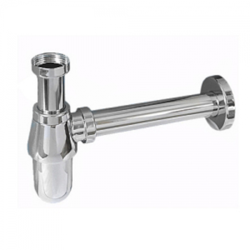 Сифон бутылочный латунный без выпуска (1 1/4х32мм) с низкой колбой, отводной трубой (L200мм, D32мм)