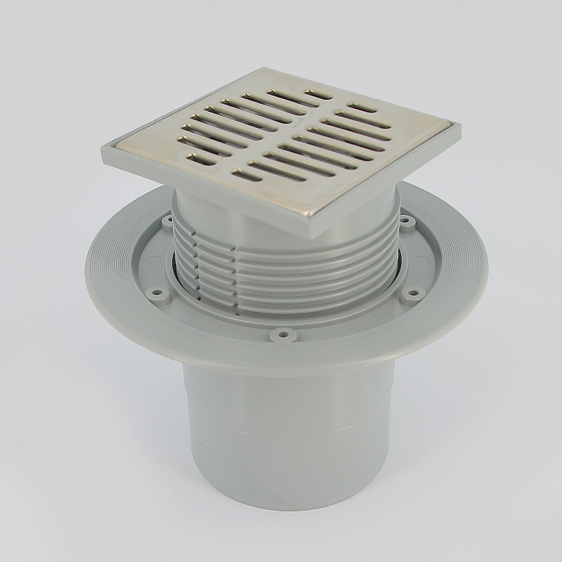 Трап 115 х 115 мм, сухой затвор H=87-145 мм, выход 110 мм вертикальный, нерж.сталь