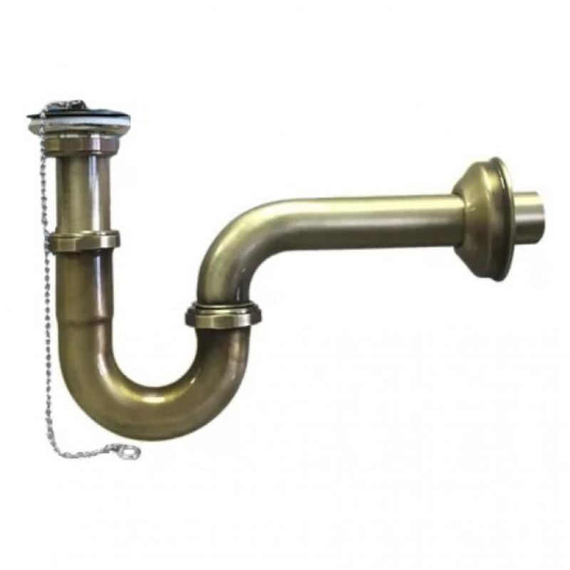 Сифон трубный P-образный латунный с выпуском (1 1/4х32мм, D60мм нержавейка сливная решётка), пробко