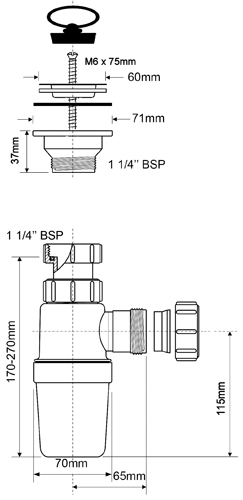 Сифон бутылочный (1 1/4'x32мм) с выпуском (60мм нержавеющая решетка), пробкой; выход компрессионный