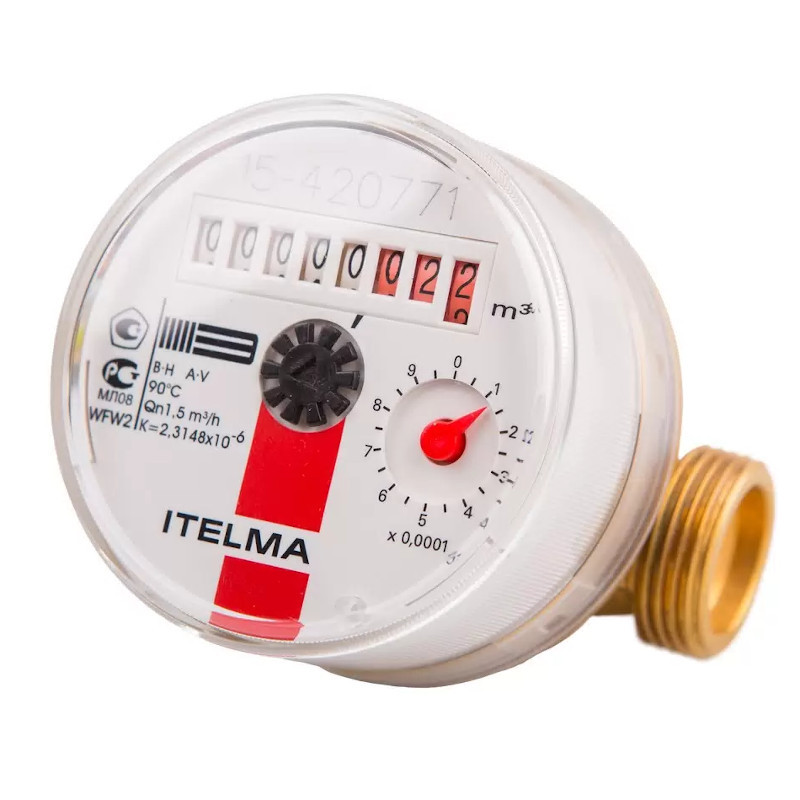 Счетчик для горячей воды Н 3/4 монтажная длина 80 Qном=1,5 м3/ч с импульсным выходом Геркон красная